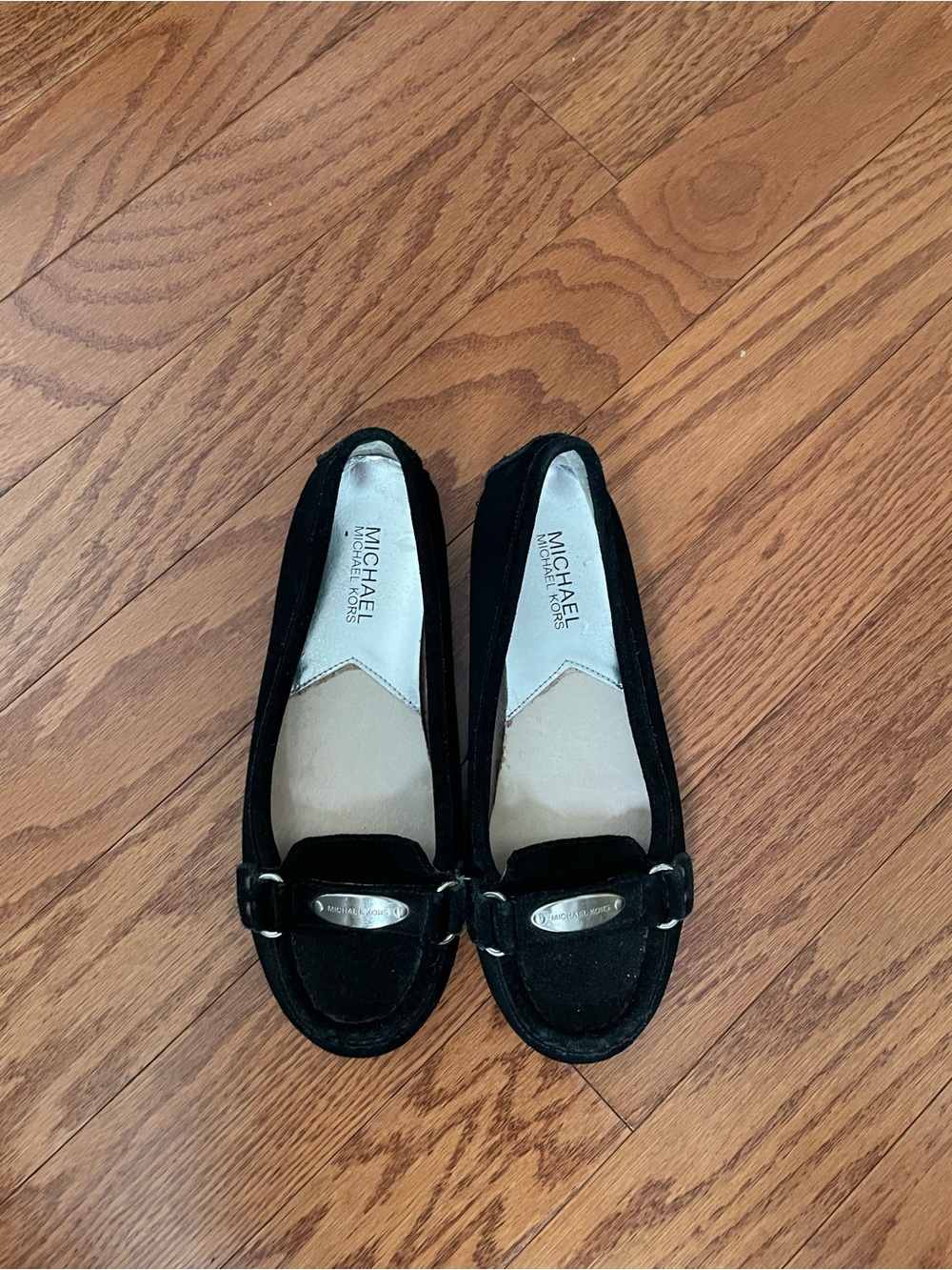 MICHAEL Michael Kors Black Suede Loafers with Silver Accent